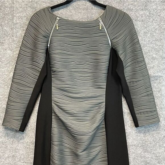 JOSEPH RIBKOFF Dress Women's Size 10 Gray Black Colorblock Textured Midi Zipper - Picture 2 of 14